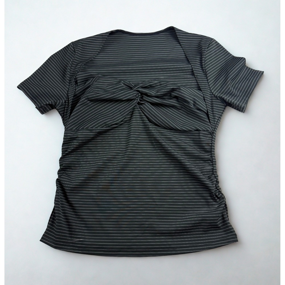 Halara Twist Front Top Women M Black Gray Striped Ruched Athleisure Short Sleeve